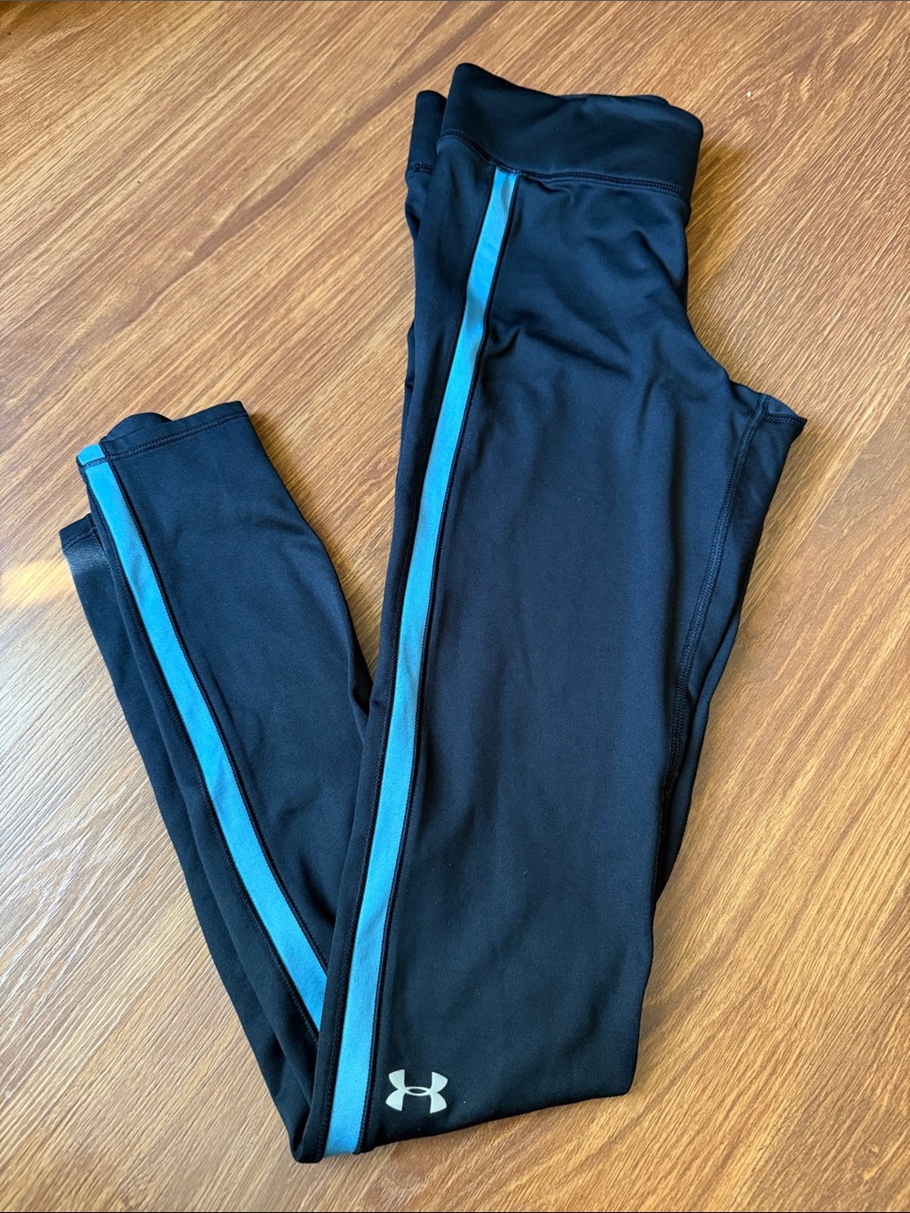 Under Armour Black Leggings with Blue Teal Side Stripe